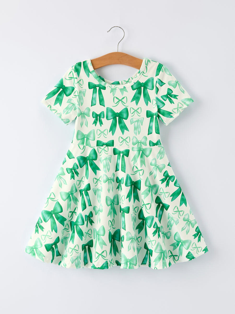St. Patrick's Day Bow Print  Short Sleeves Girls Dress