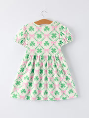 St. Patrick's Day Bow Shamrock Print Short Sleeves Girls Dress