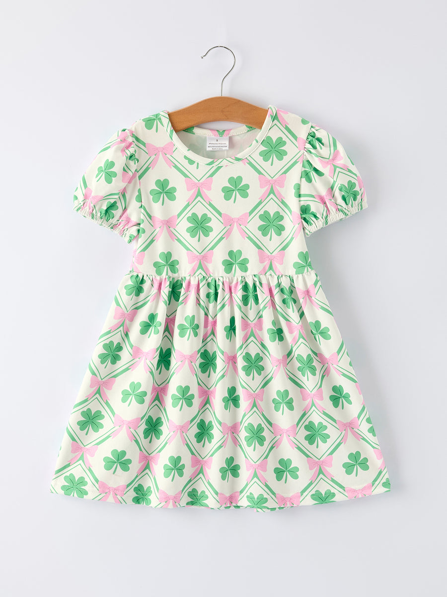 St. Patrick's Day Bow Shamrock Print Short Sleeves Girls Dress