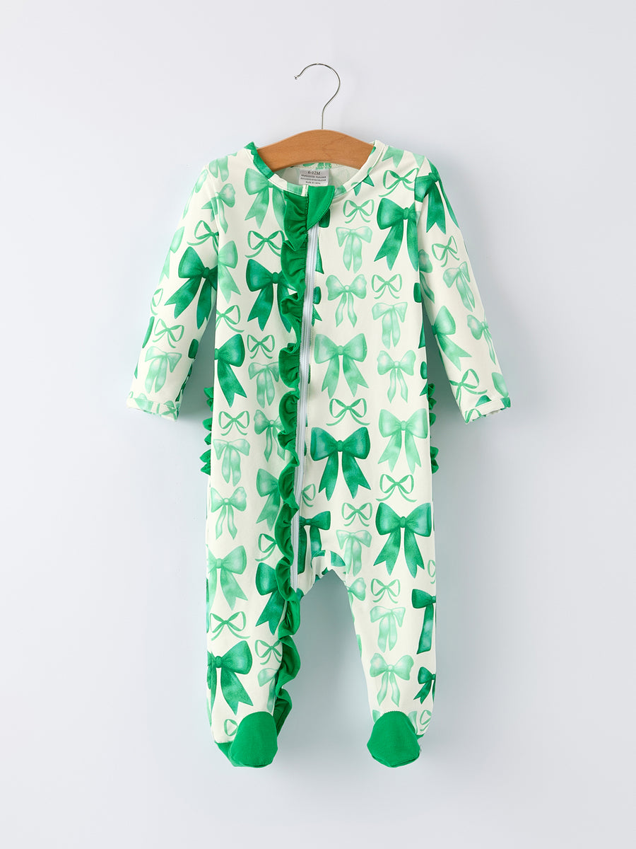 St. Patrick's Day Bow Print  Long Sleeves Baby Girls Romper