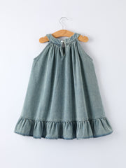 Girls Denim Ruffle Trim A-Line Dress