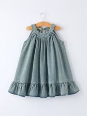 Girls Denim Ruffle Trim A-Line Dress