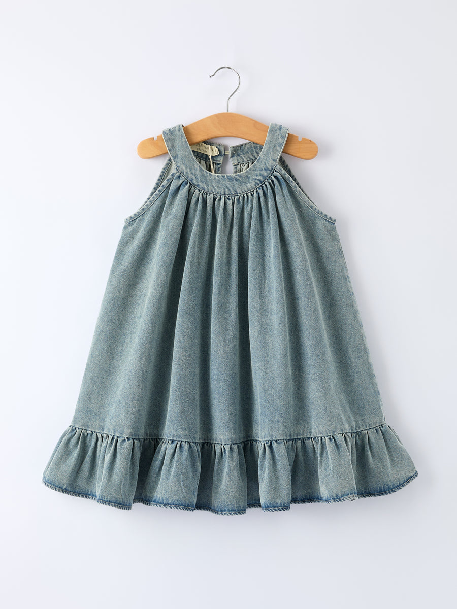 denim ruffle dress Girls Denim Ruffle Trim A-Line Dress Light Blue / 3