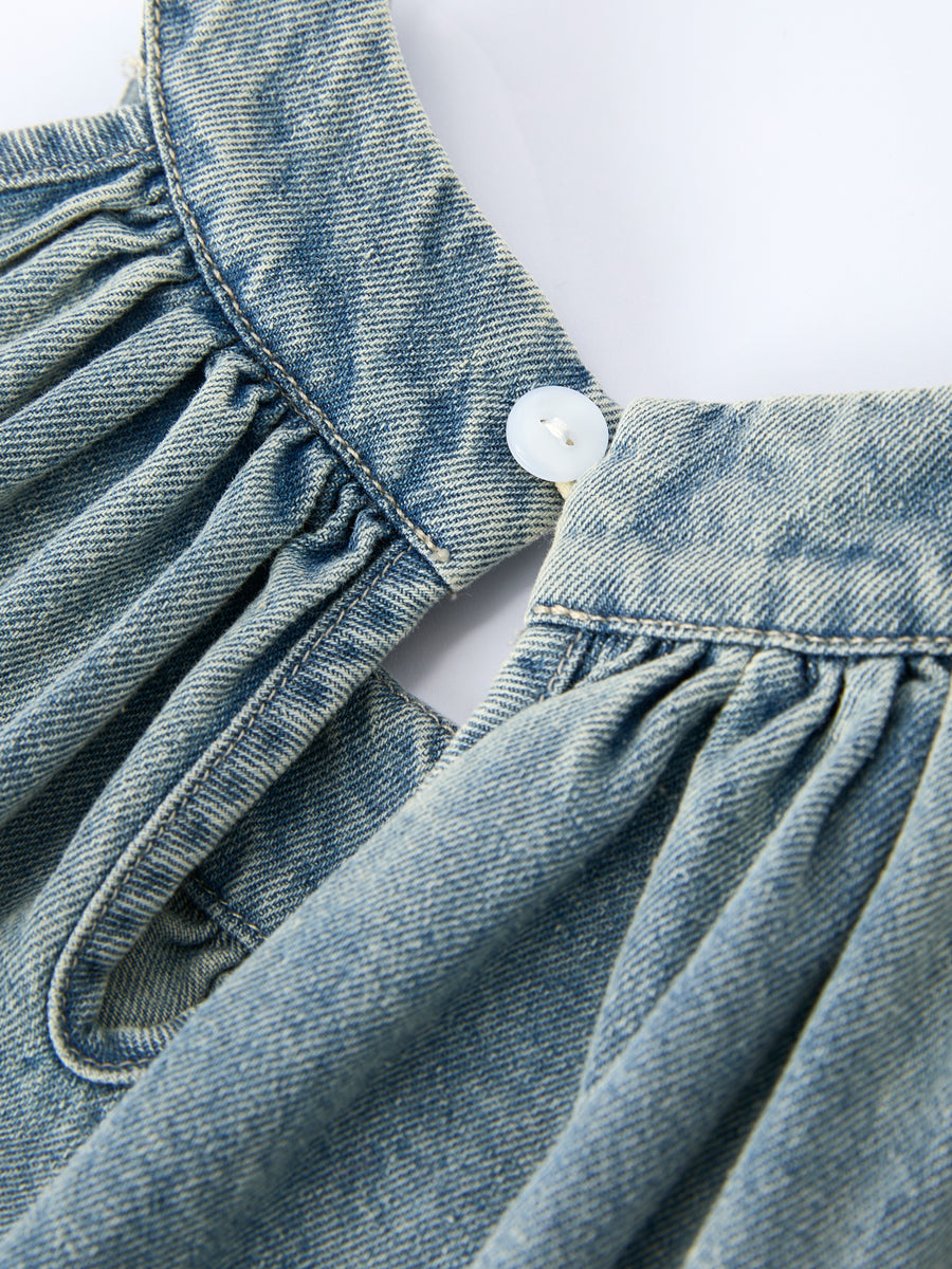 Girls Denim Ruffle Trim A-Line Dress Light Blue / 7