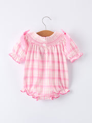 Valentine's Day Pink Plaid Smocked Heart Embroidery Girls Romper