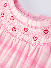 Valentine's Day Pink Plaid Smocked Heart Embroidery Girls Romper
