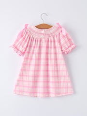 Valentine's Day Pink Plaid Smocked Heart Embroidery Girls Dress