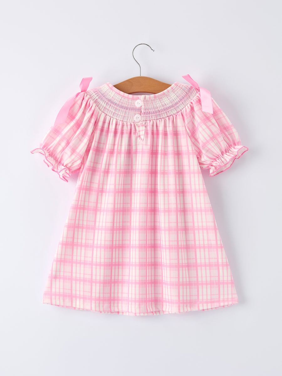 Valentine's Day Pink Plaid Smocked Heart Embroidery Girls Dress