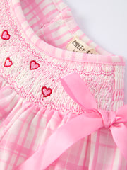 Valentine's Day Pink Plaid Smocked Heart Embroidery Girls Dress