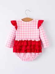 Valentine Pink Plaid Baby Girls Romper with Horse & Heart Smocking