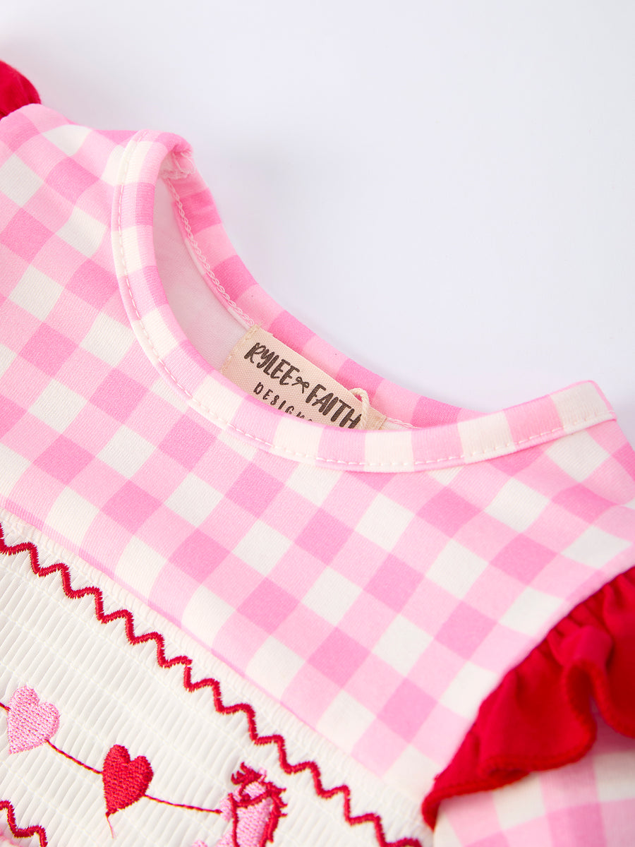 Valentine Pink Plaid Baby Girls Romper with Horse & Heart Smocking
