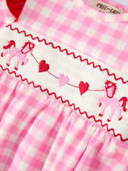 Valentine Pink Plaid Baby Girls Romper with Horse & Heart Smocking