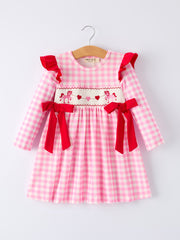 Valentine Pink Plaid Girls Dress with Horse & Heart Smocking Embroidery