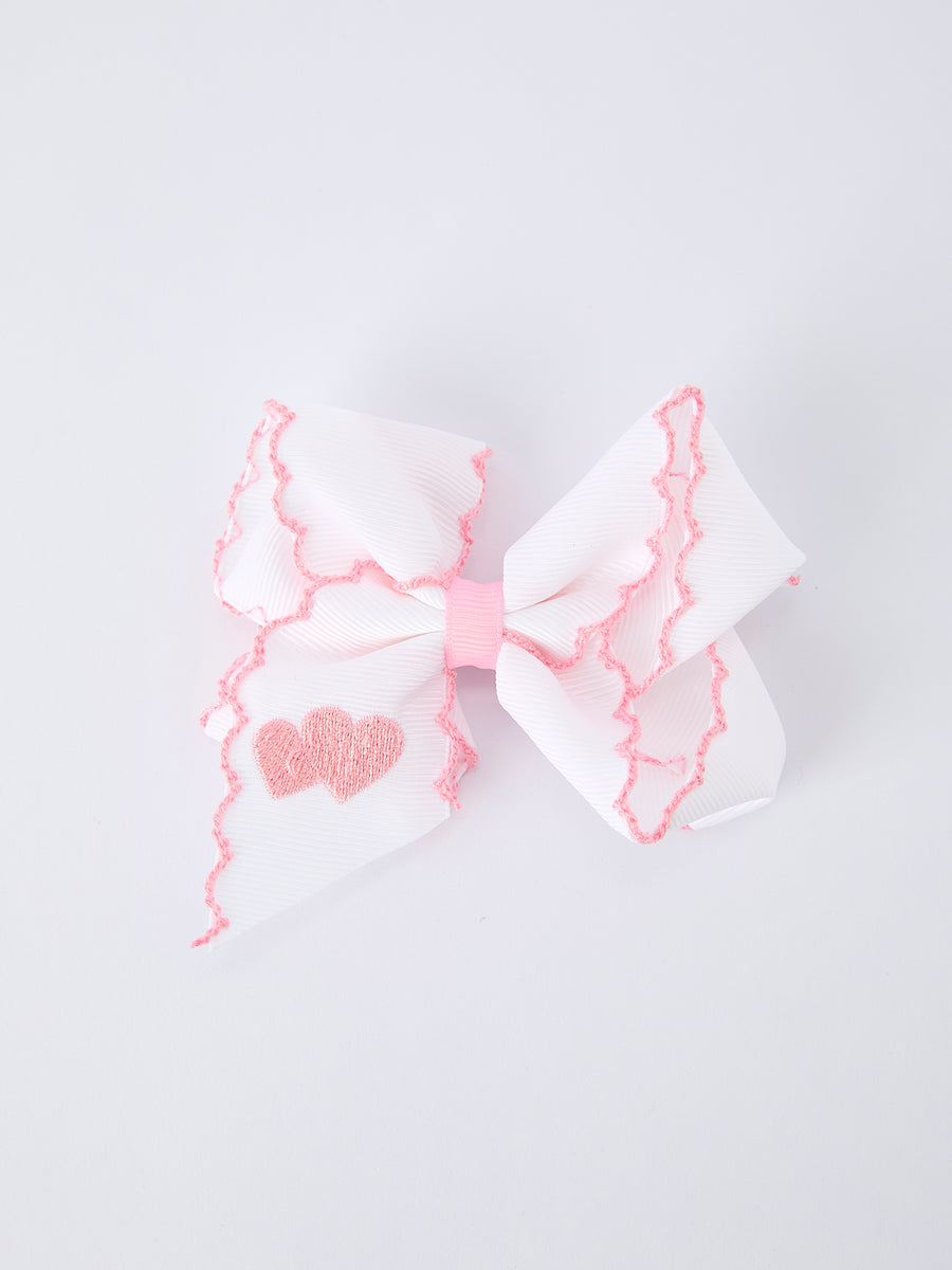Valentine's Day Heart Embroidered White Girls Bow Hairpin 4 Inch