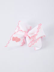 Valentine's Day Heart Embroidered White Girls Bow Hairpin 4 Inch