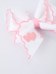 Valentine's Day Heart Embroidered White Girls Bow Hairpin 4 Inch