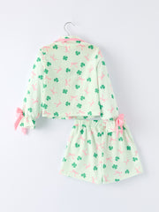 St. Patrick's Day Bow Shamrock Print Ruffles Girls Pajama Set