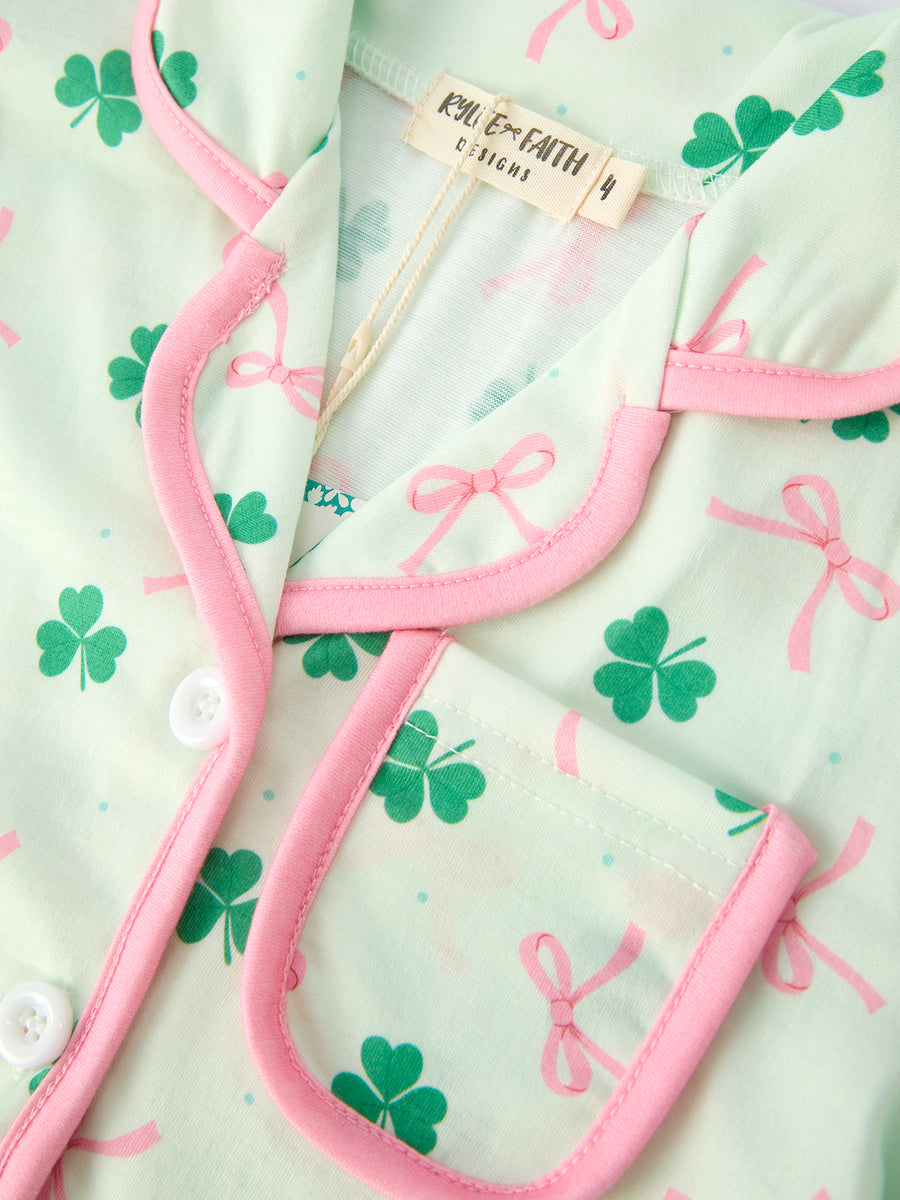 St. Patrick's Day Bow Shamrock Print Ruffles Girls Pajama Set