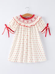 Valentine's Day Polka Dot Girls' Dress with Smocking Embroidery