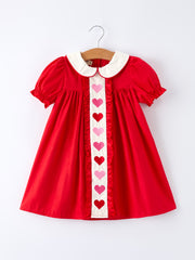 Red Ruffle Heart Embroidered Girls Dress - Valentine Style