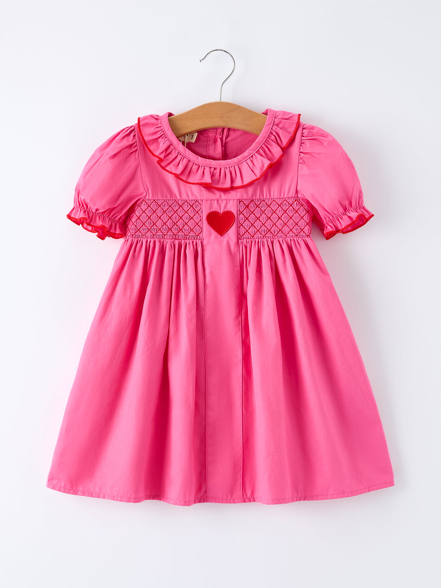 Valentine's Day Hot Pink Ruffle Collar Heart Applique Girls Dress