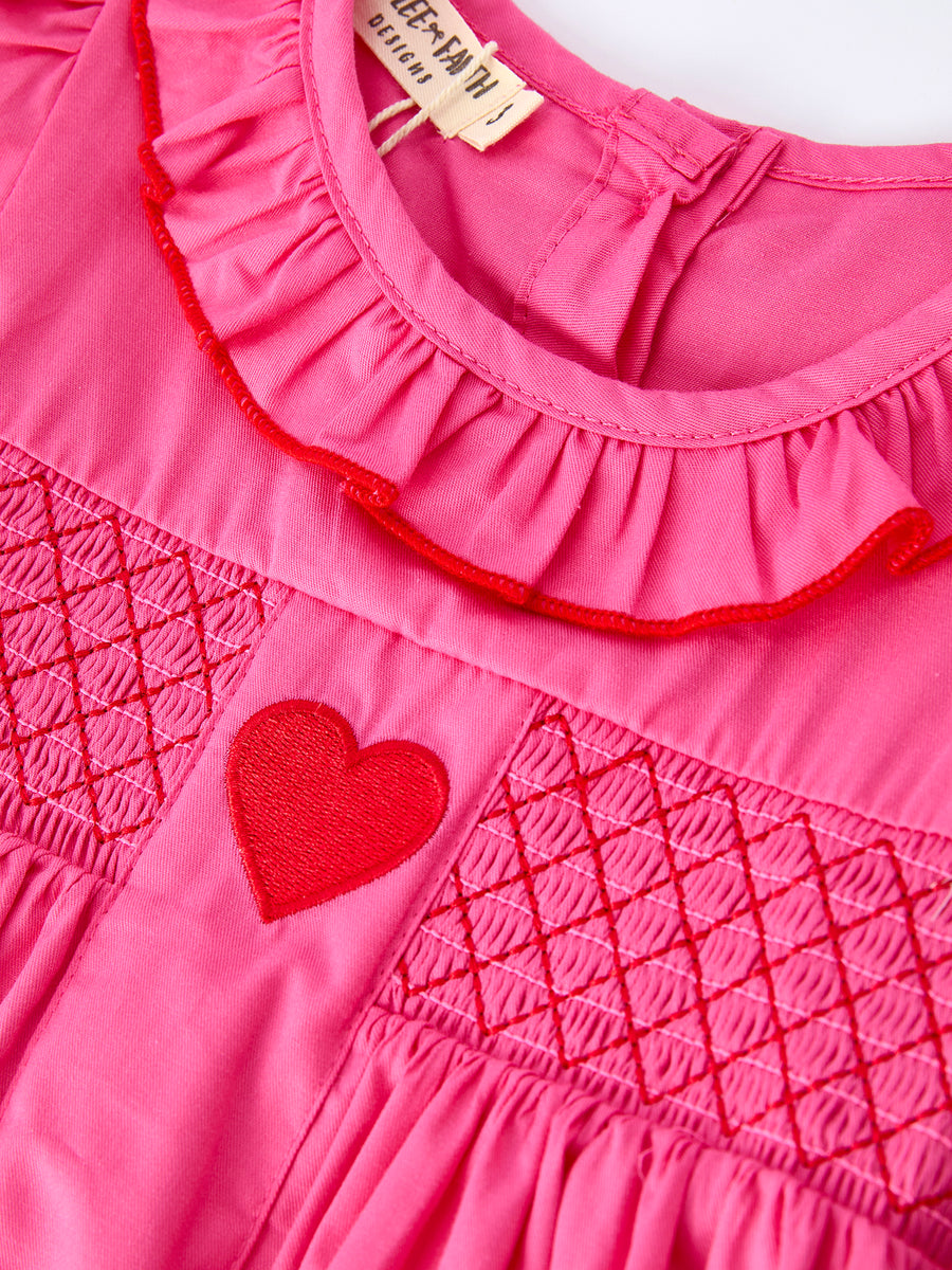Valentine's Day Hot Pink Ruffle Collar Heart Applique Girls Dress
