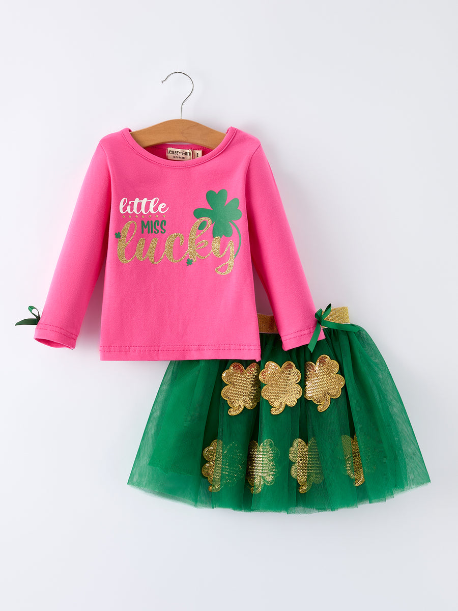 St. Patrick Shamrock  Letter Top + Girls' Tulle Sequin Skirt Set