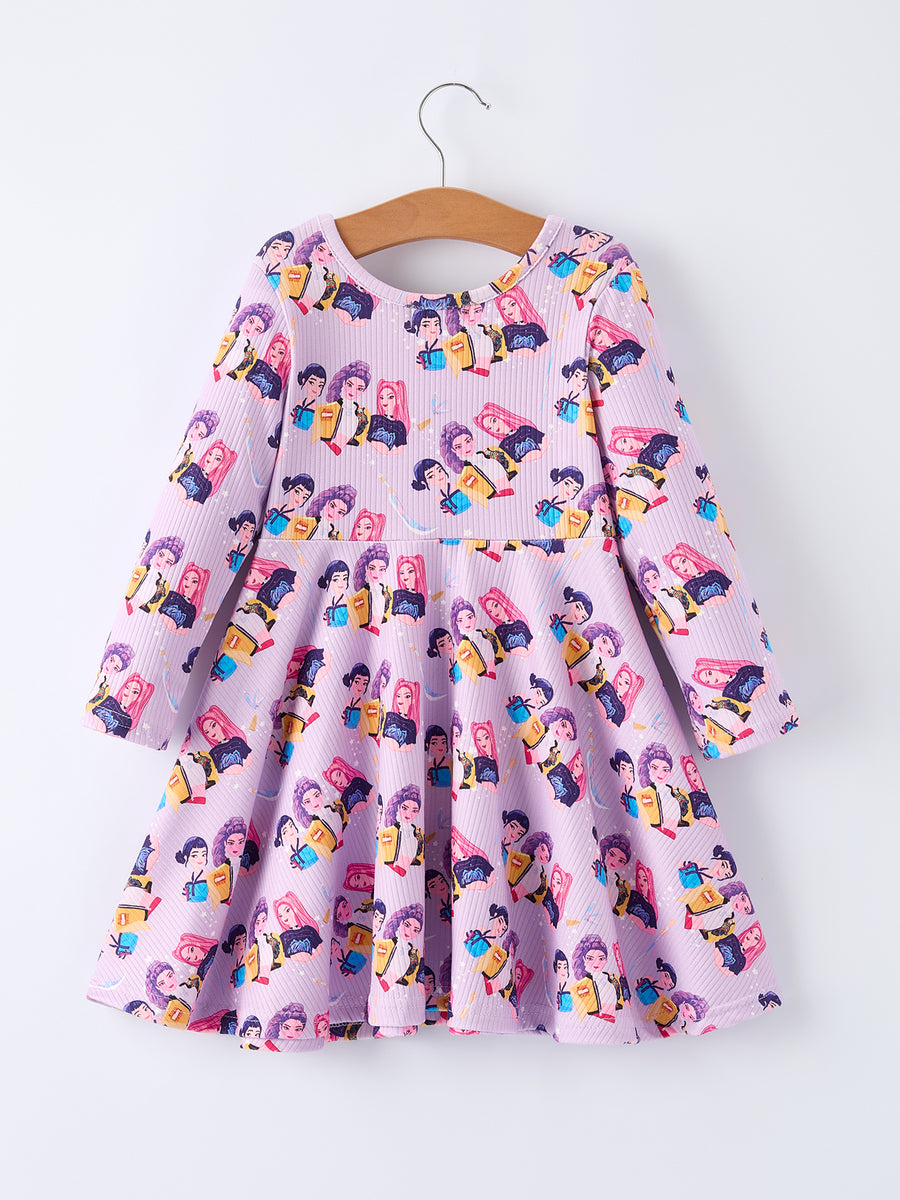 Girls Purple Characters Print Long Sleeve Twirl Dress