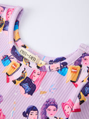 Girls Purple Characters Print Long Sleeve Twirl Dress