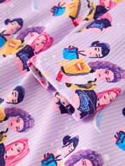 Girls Purple Characters Print Long Sleeve Twirl Dress