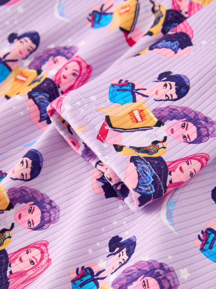 Girls Purple Characters Print Long Sleeve Twirl Dress