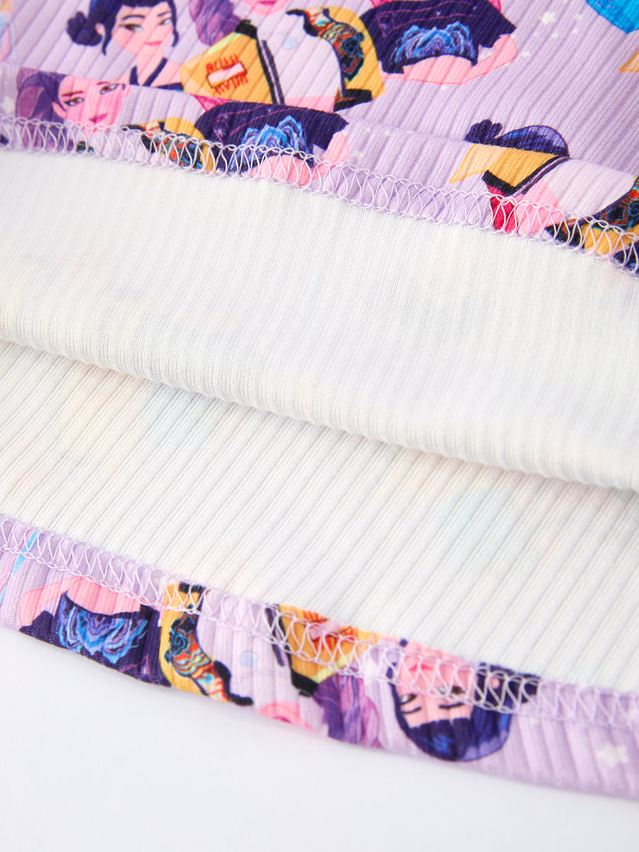 Girls Purple Characters Print Long Sleeve Twirl Dress