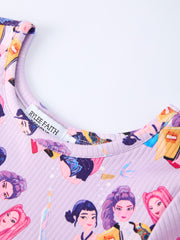 Girls Purple Characters Print Short Sleeve Twirl Dress