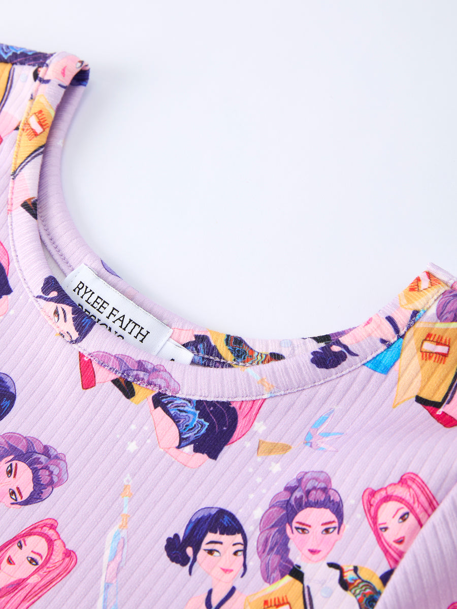 Girls Purple Characters Print Short Sleeve Twirl Dress