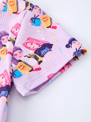 Girls Purple Characters Print Short Sleeve Twirl Dress