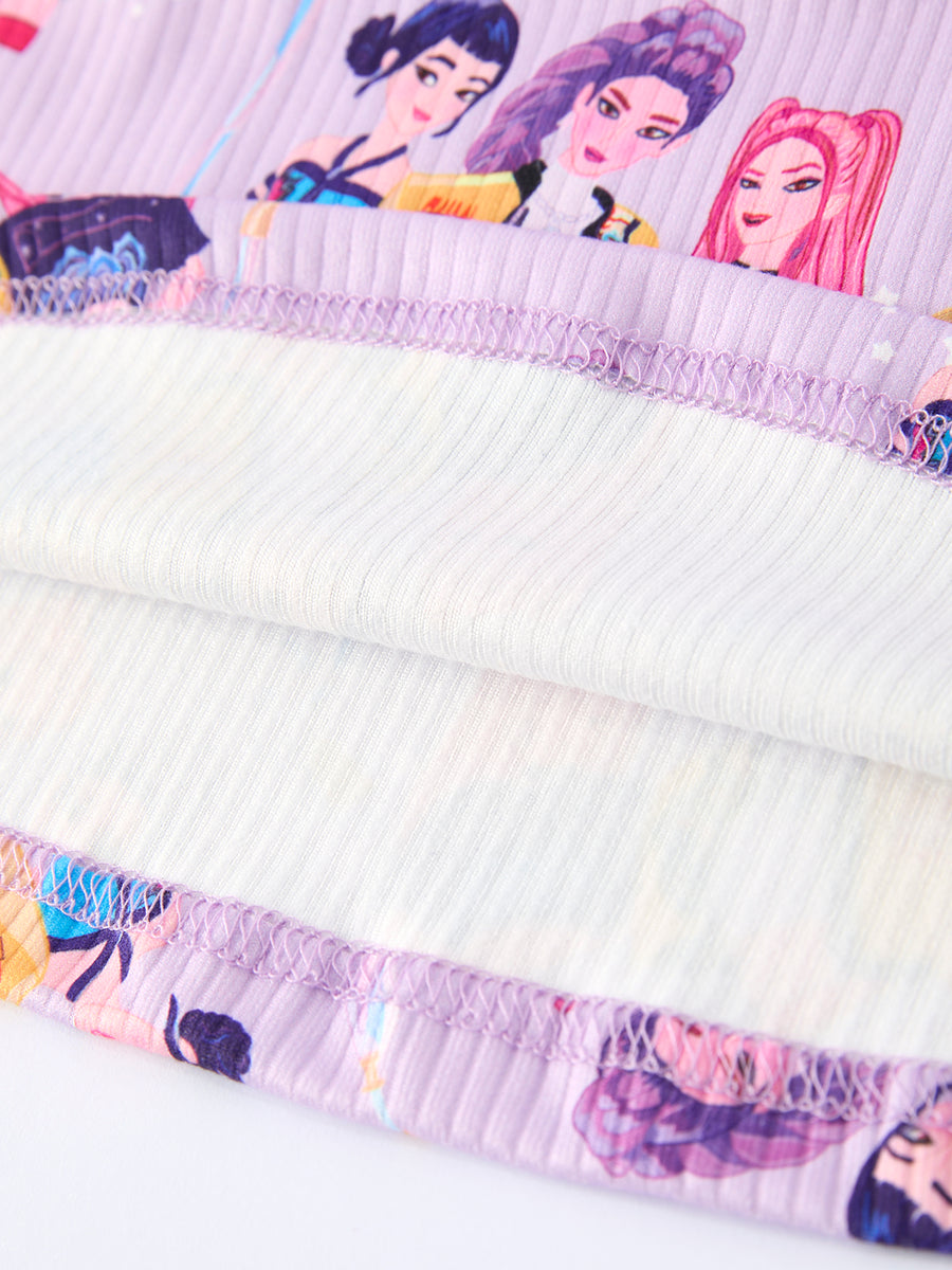 Girls Purple Characters Print Short Sleeve Twirl Dress