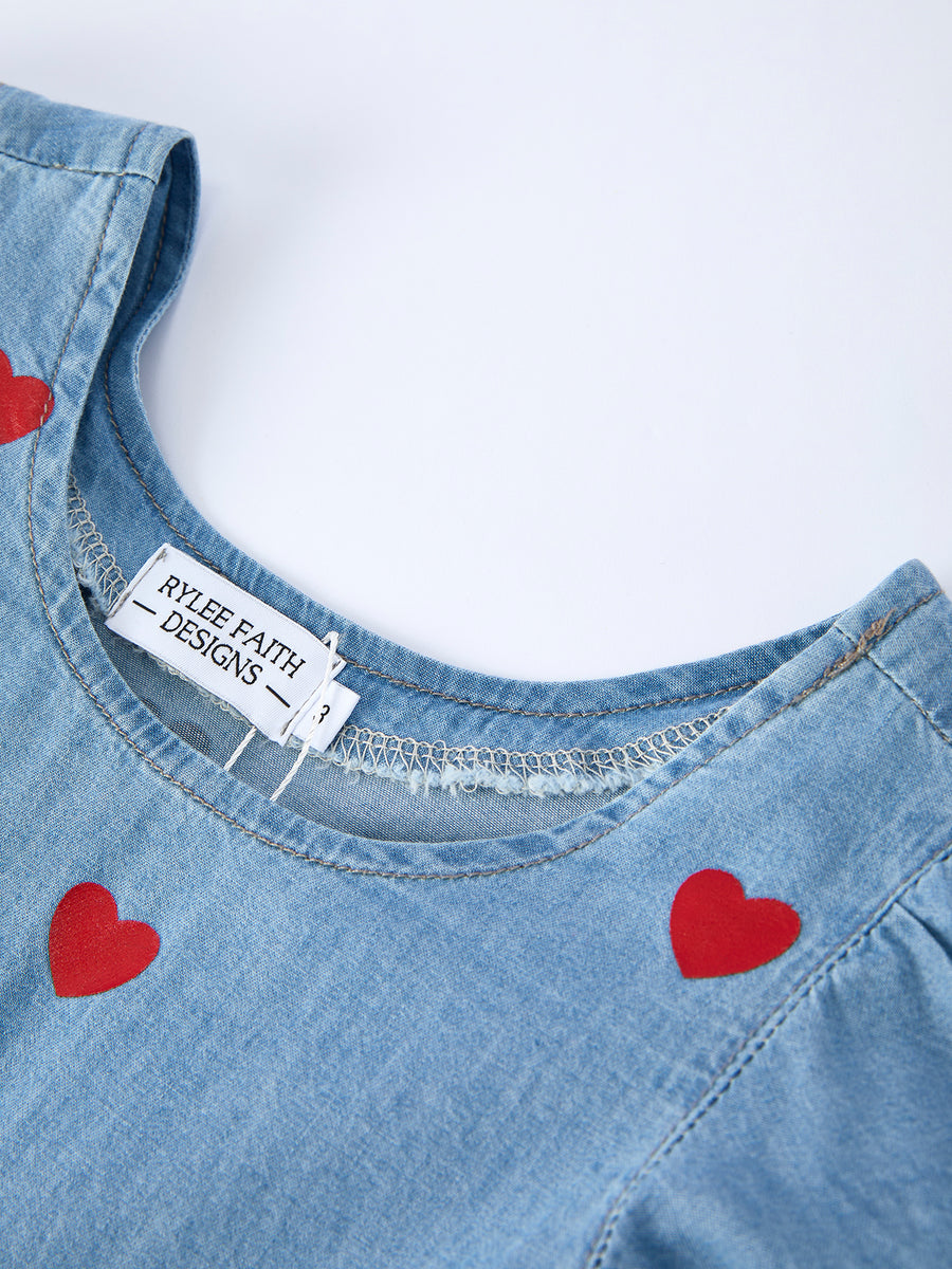 Denim Heart Dress for Girls – Long Sleeve Valentine Outfit