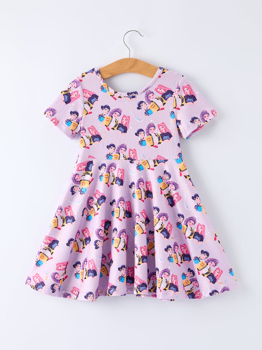 Girls Purple Characters Print Short Sleeve Twirl Dress
