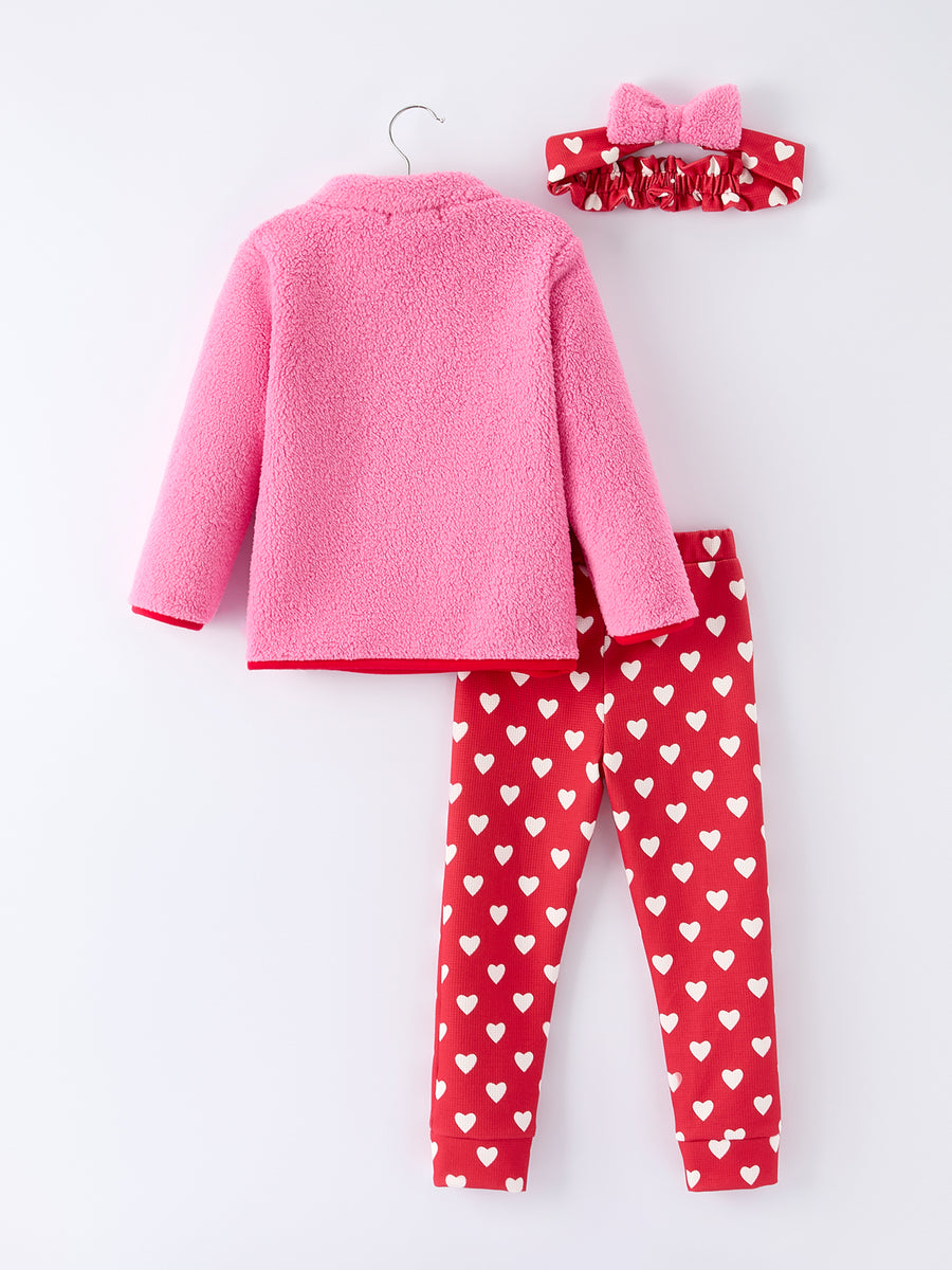 Valentine Pink Sherpa Heart Top with Red Heart Leggings and Bow Headband