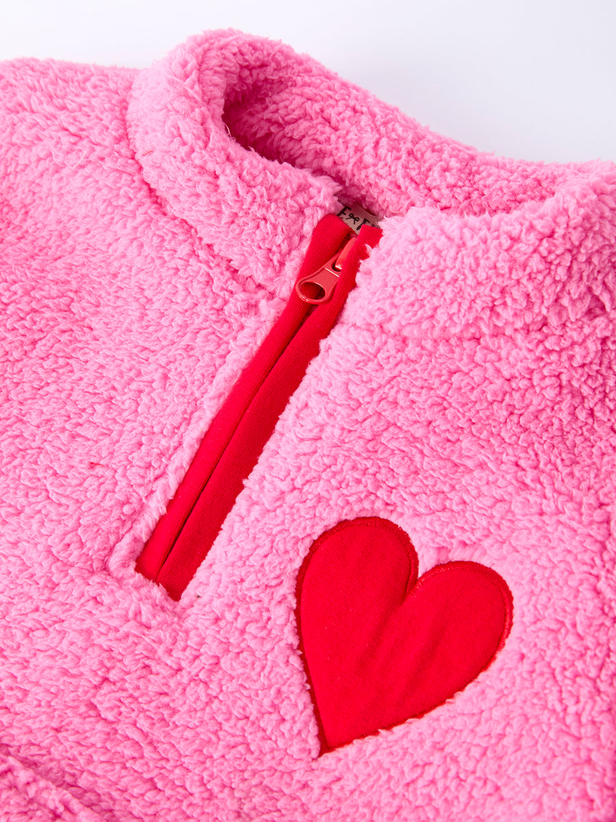 Valentine Pink Sherpa Heart Top with Red Heart Leggings and Bow Headband