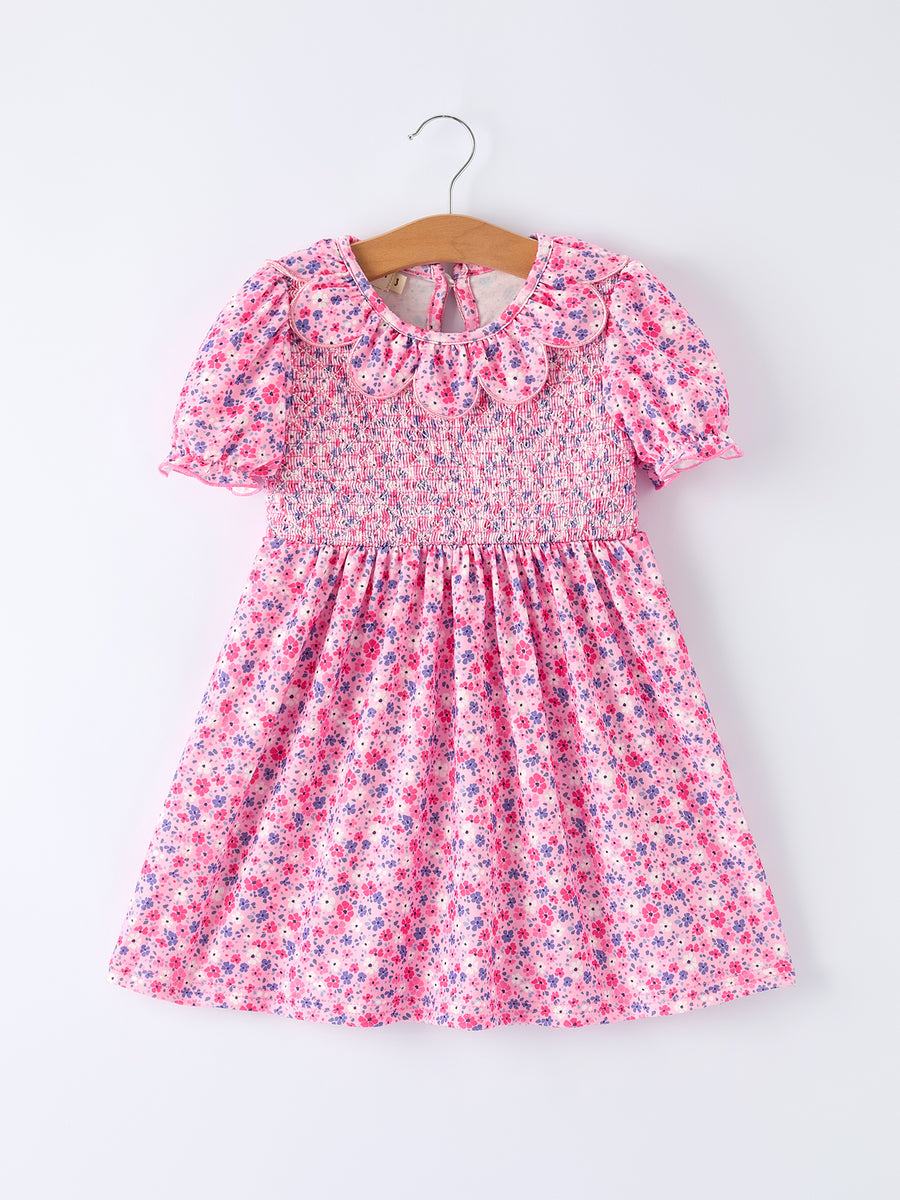 Girls Valentine's Day Floral Ruffle Smocking Dress