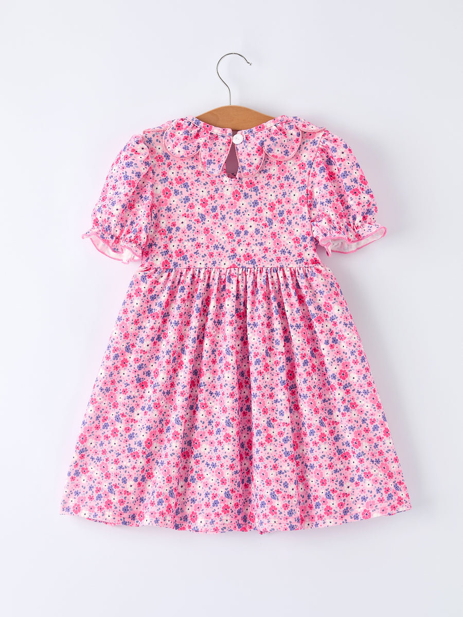 Girls Valentine's Day Floral Ruffle Smocking Dress