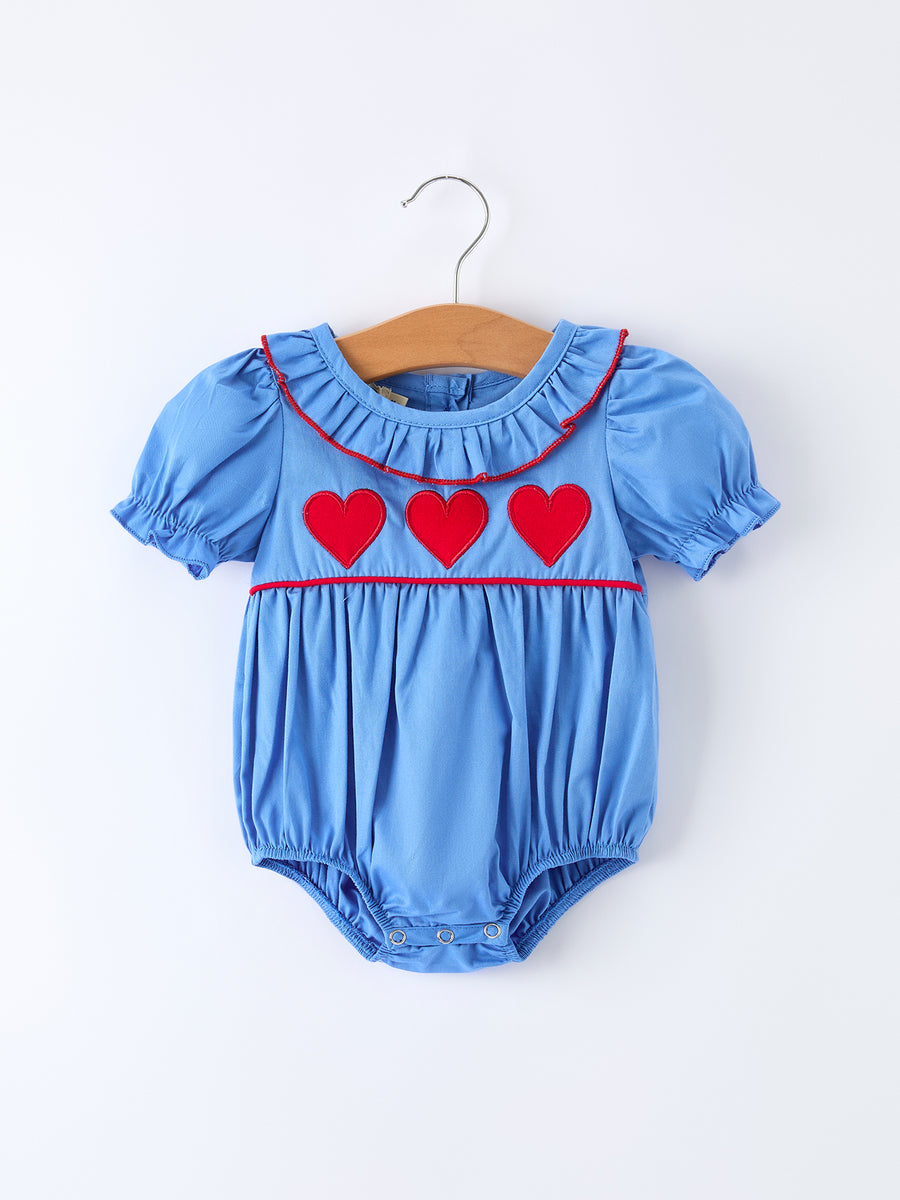 Valentine's Day Baby Girl Heart Applique Blue Romper