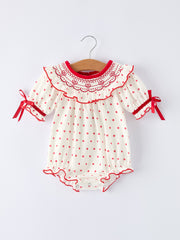 Valentine's Day Polka Dot Baby Girls Romper with Smocking Embroidery