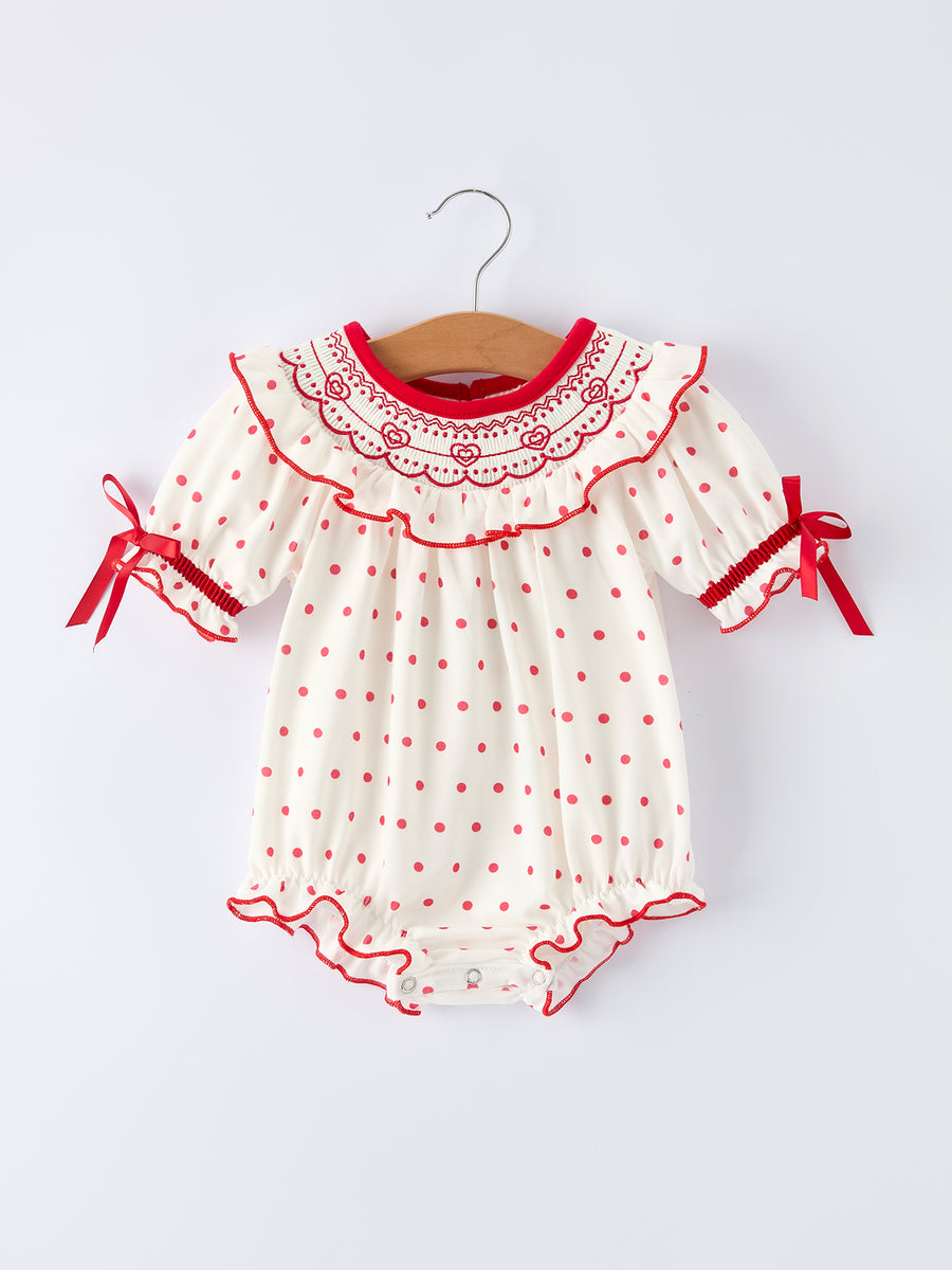 Valentine's Day Polka Dot Baby Girls Romper with Smocking Embroidery
