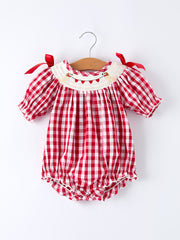 Valentine Red Plaid Romper with Smocked Heart Dog Detail and Bows