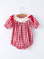 Valentine Red Plaid Romper with Smocked Heart Dog Detail and Bows