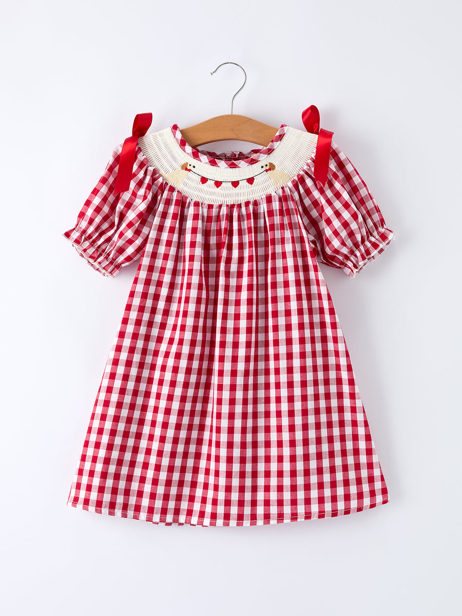Valentine Red Plaid Dress with Smocked Heart Dog Detail and Bows