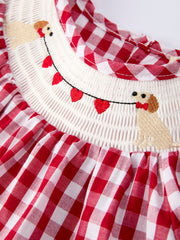 Valentine Red Plaid Dress with Smocked Heart Dog Detail and Bows