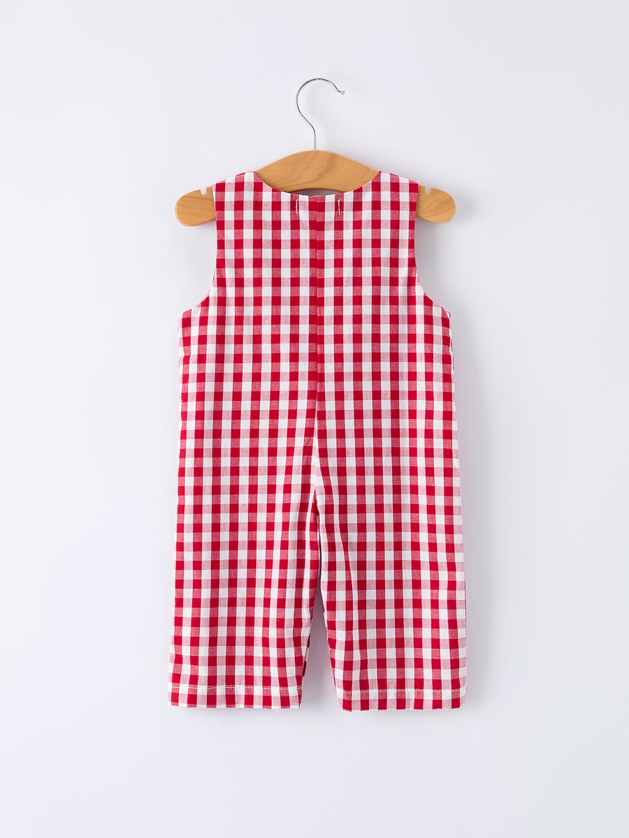Valentine Red Plaid Boys Romper with Applique Heart Dog Detail